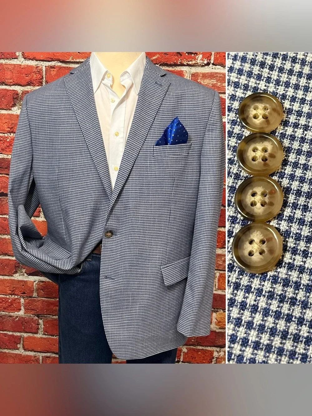 RALPH LAUREN MENS BLAZER SZ 50L LONG FIT BLUE HOUNDSTOOTH CHECK SPORT COAT
